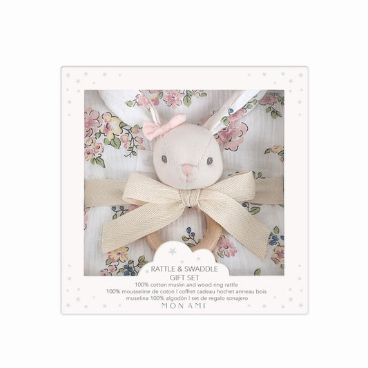 Parisian Floral Swaddle with Petite Bunny Rattle Gift Box