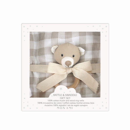 Gingham Swaddle with Petite Bear Rattle Gift Box