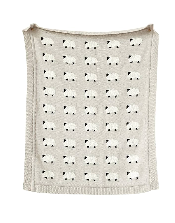 Cotton Knit Blanket w/ Sheep | Grey